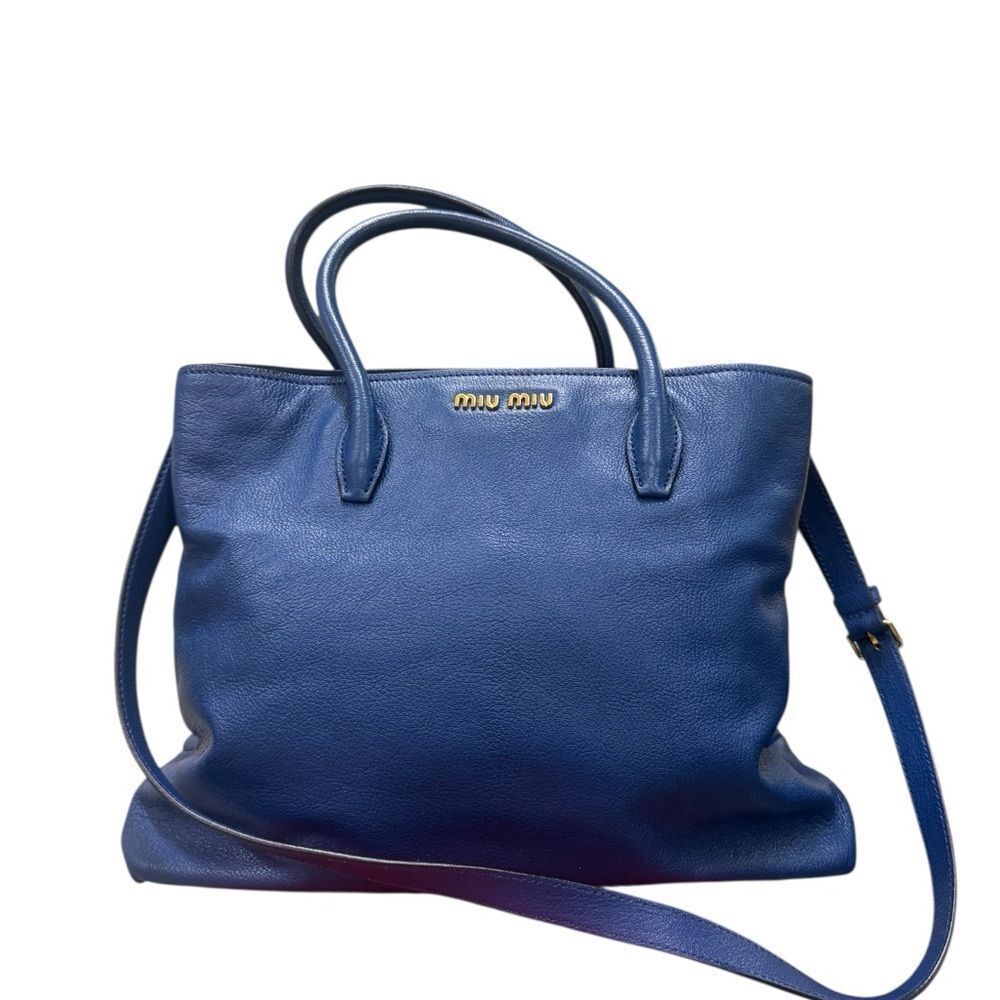 Miu Miu Cobalto Blue Vitello Daino Leather 2way Shine Madras Tote Bag Satchel